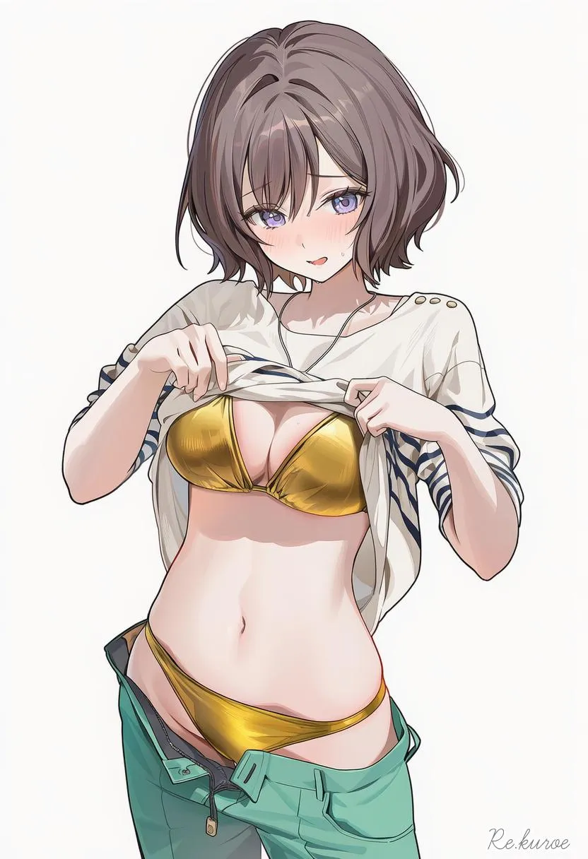 Showing off her golden bikini underneath