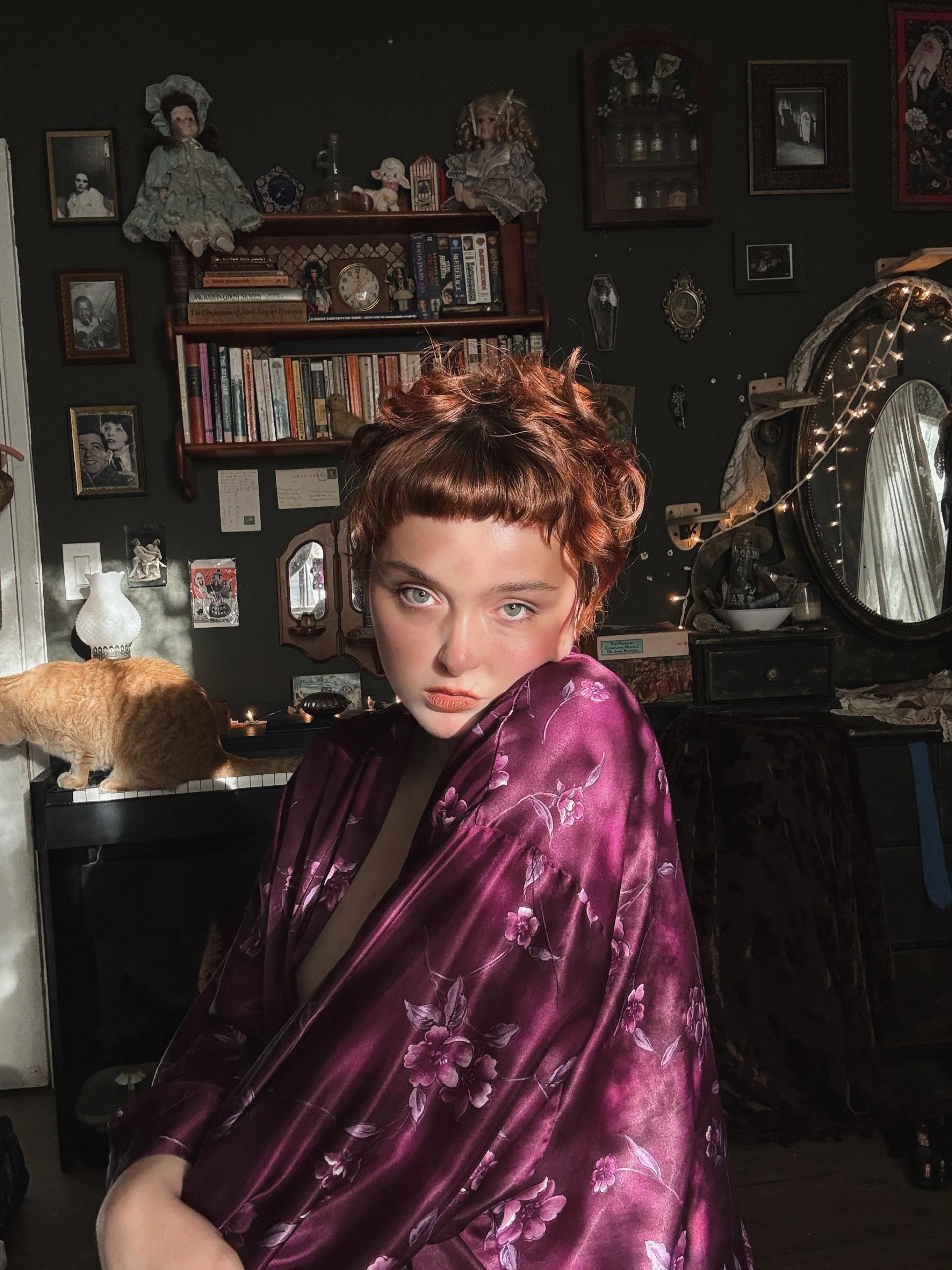 sunshine through lace curtains, silky smooth loose fitting robe.