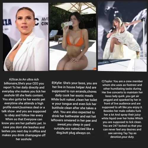 (ScarJo,Kylie Jenner,Taylor Swift) choose A,B or C