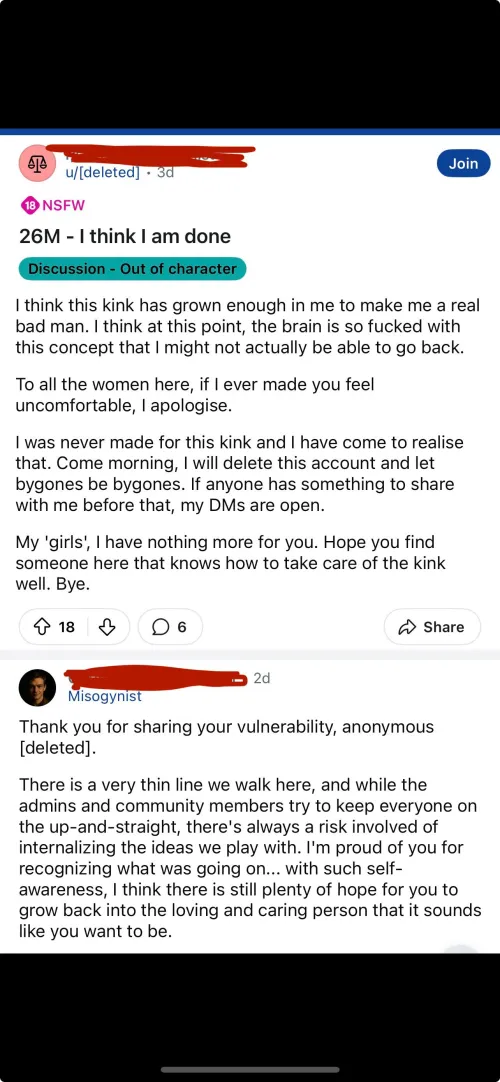 Applauding a man for becoming even more of a misogynist after engaging in so much misogyny kink to the point he can’t interact with real women anymore