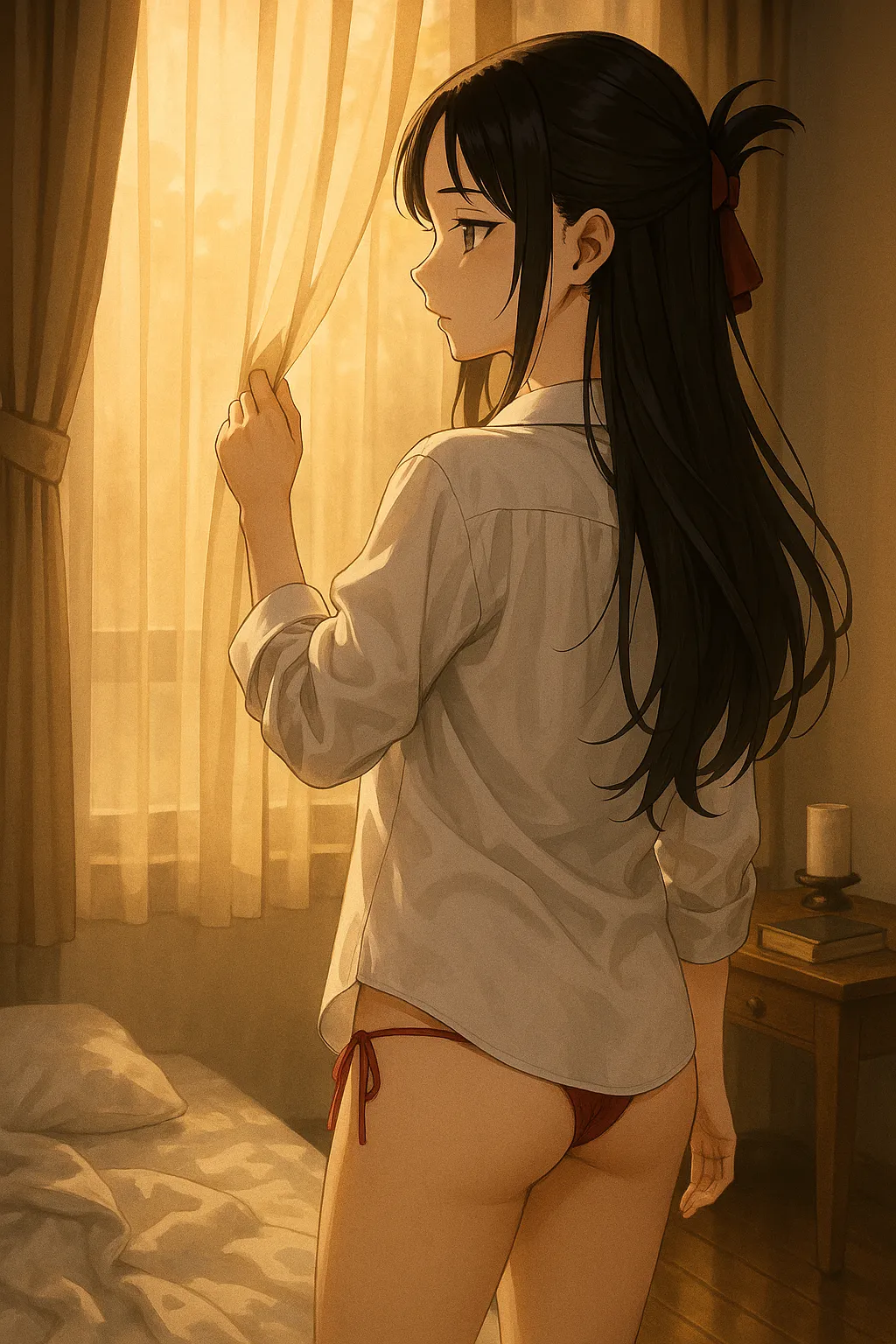 Kaguya dressing up for school after last night party