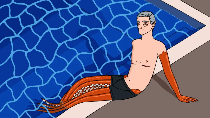 Dr. Rausch lounging by an in-ground pool