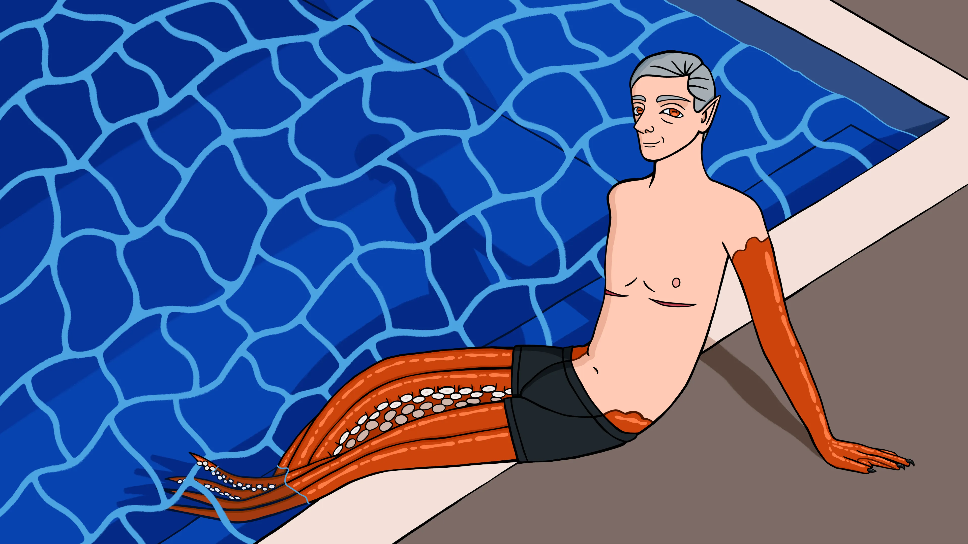 Dr. Rausch lounging by an in-ground pool