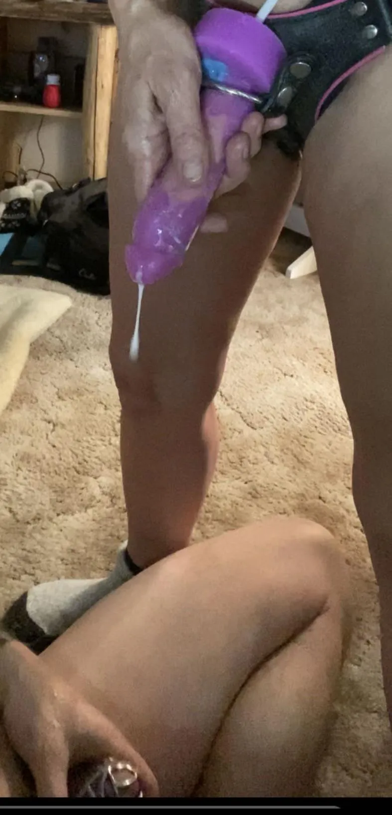 Her cum on my caged cock