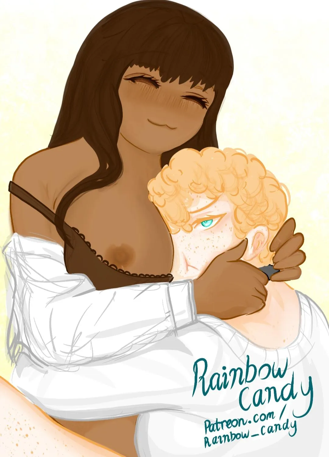 I was planning on posting this a few days ago but then forgot - have some boob-hugs! (this is some of the art that I've been working on for a comic of mine, I hope you like it)