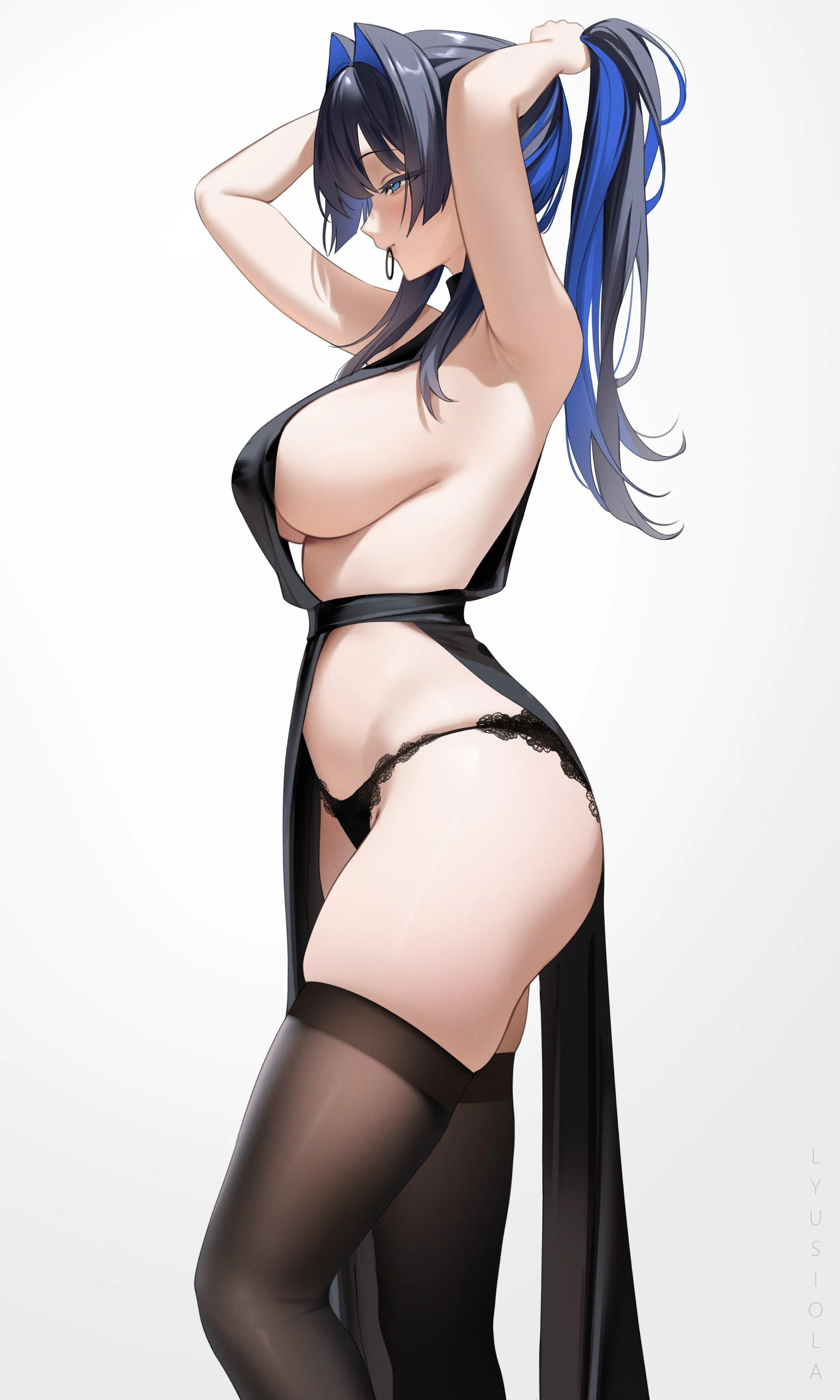 Ouro Kronii tying her hair (LYUSIOLA / lyusiola) [Hololive]