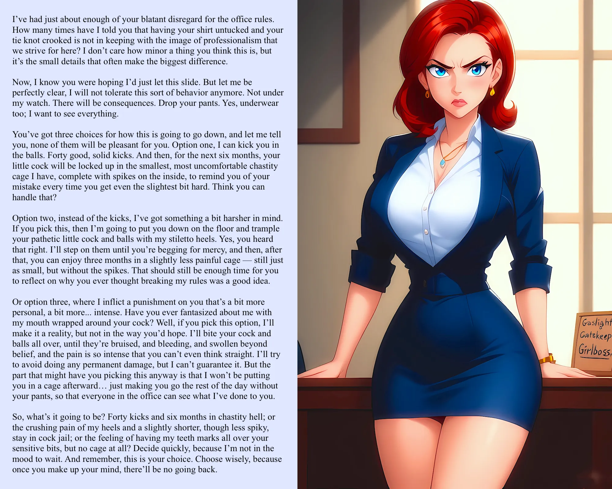 Your boss has three options for you [AI Image] (punishment81 on ImageFap)