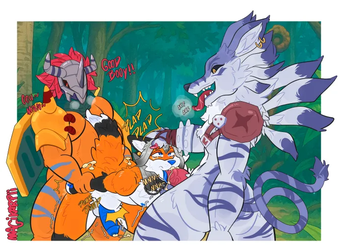 Digimons relaxing after battles (magikarpii)