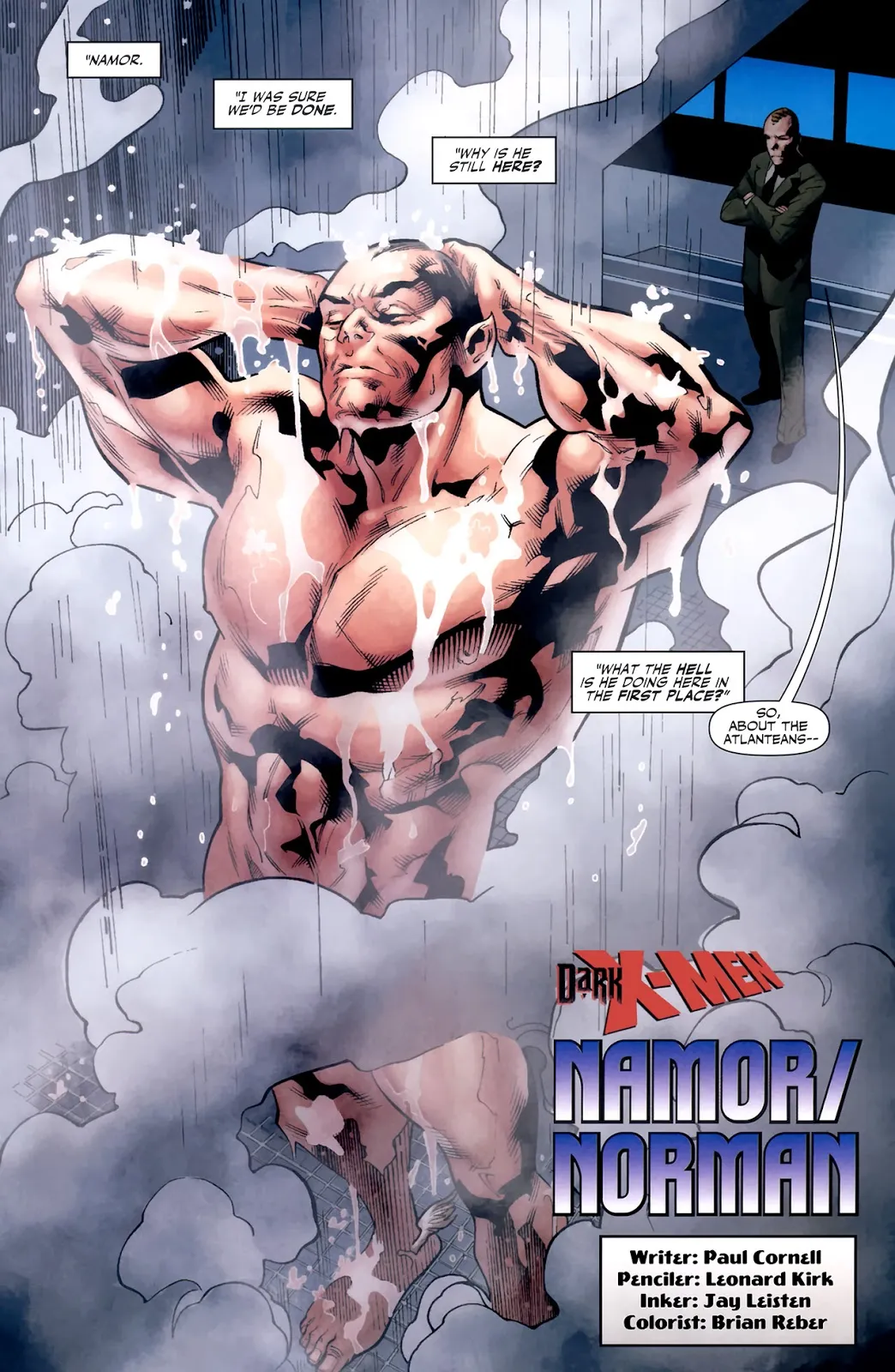 Norman likes to watch. Namor the Sub-Mariner takes a shower while Norman Osborn watches [Dark X-Men: The Beginning (2006) #1]