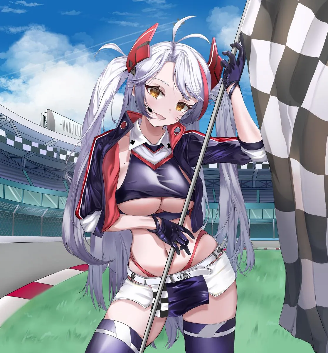 Prinz waving a race flag for you who about to cross the finish line: artist Kong