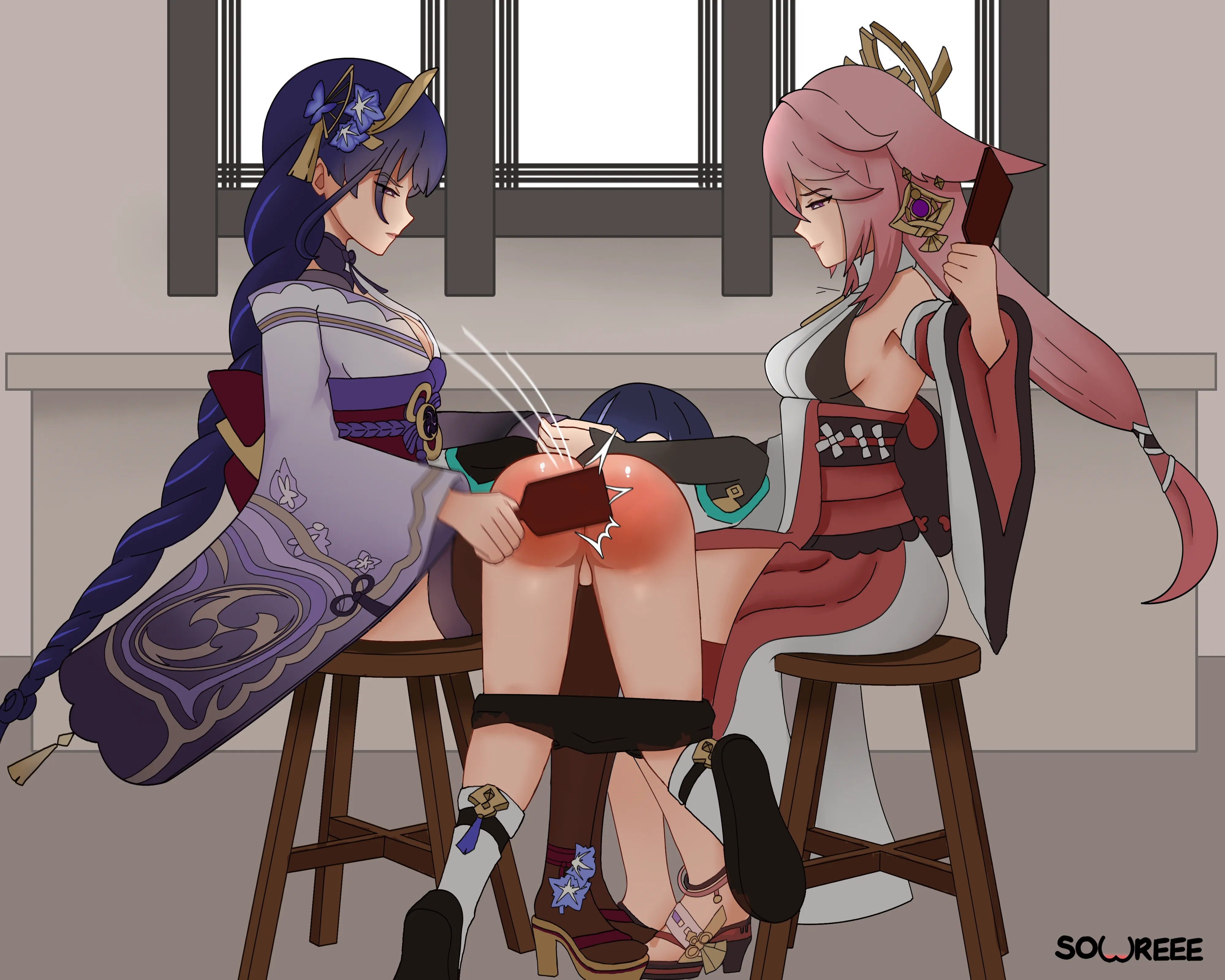 Wanderer Double Spanked by Raiden and Yae (Sowreee)