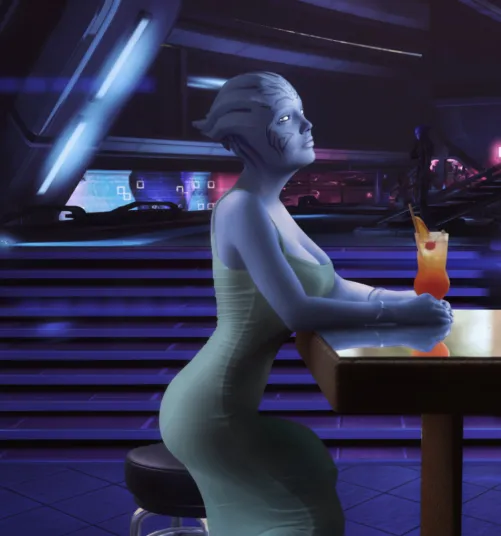 A well hung Asari futanari having a drink at Purgatory. (Rastifan)