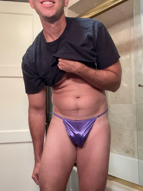 Purple satin thong.