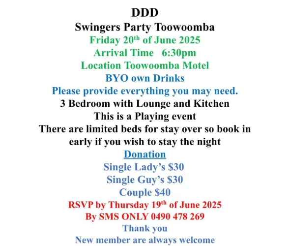 Open Event: Friday 20th June Toowoomba Motel Evening Swingers Play Event - Open to Female and Male Singles & Couples