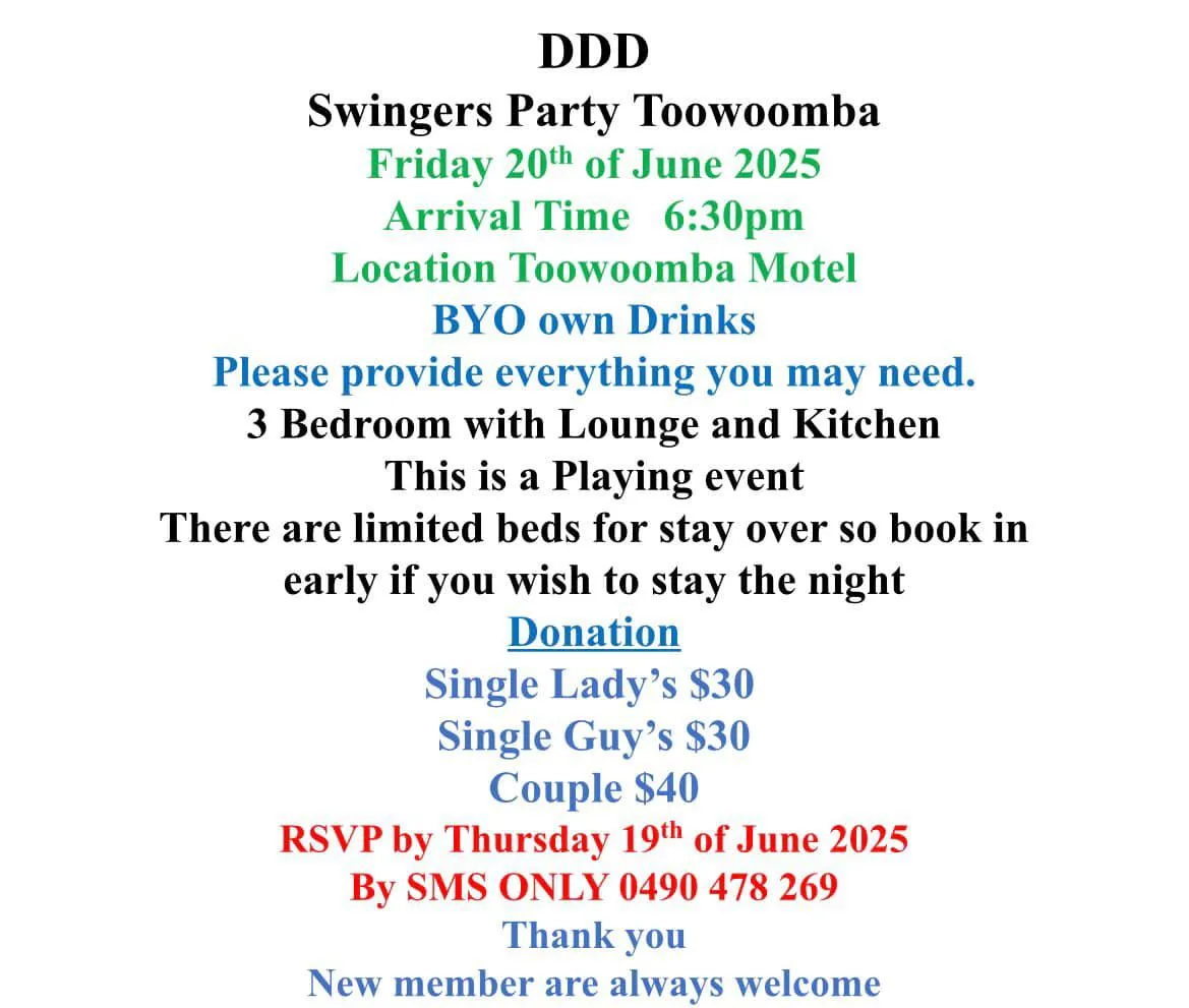 Open Event: Friday 20th June Toowoomba Motel Evening Swingers Play Event - Open to Female and Male Singles & Couples