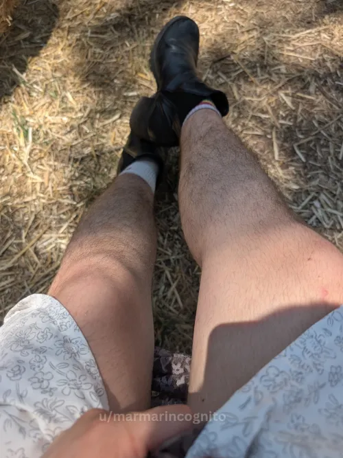 Peak my soft hairy legs under my Ren Faire dress