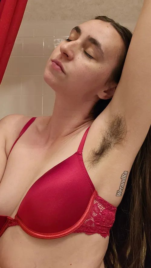 Red bra with my thick armpit hair