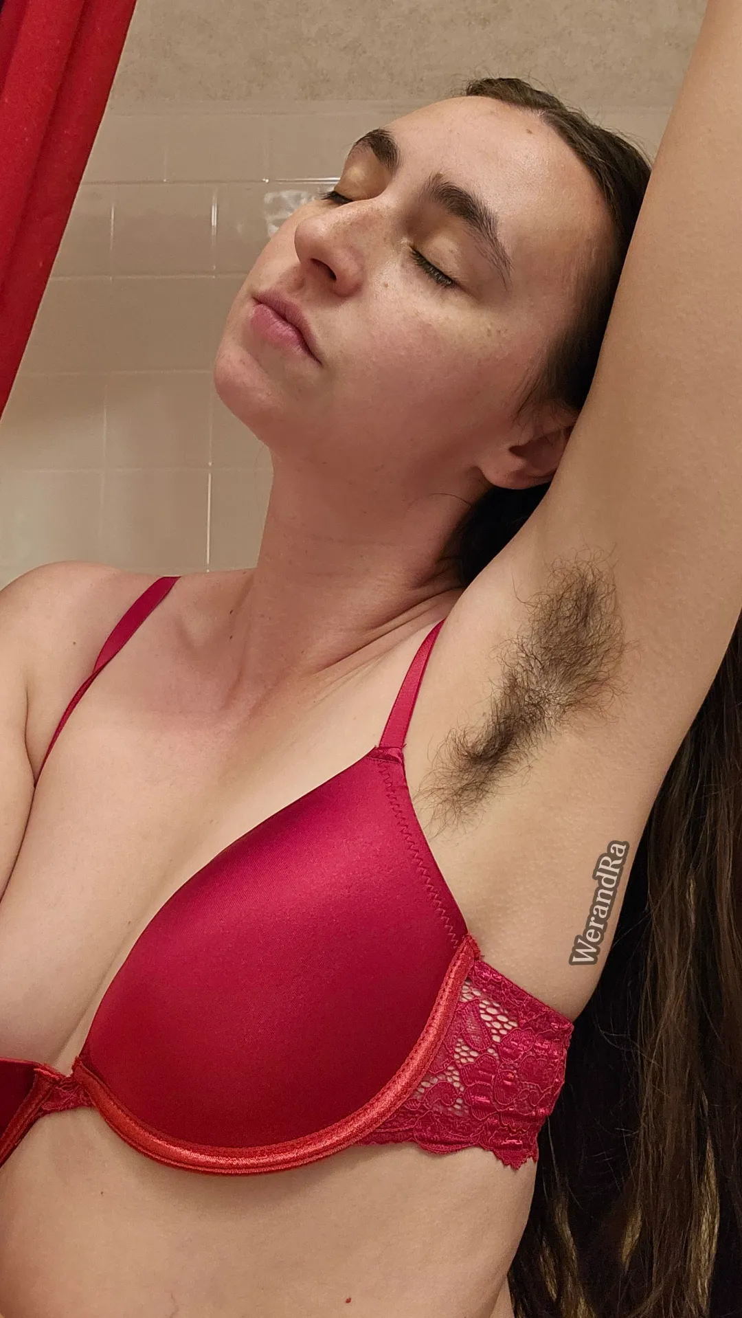 Red bra with my thick armpit hair