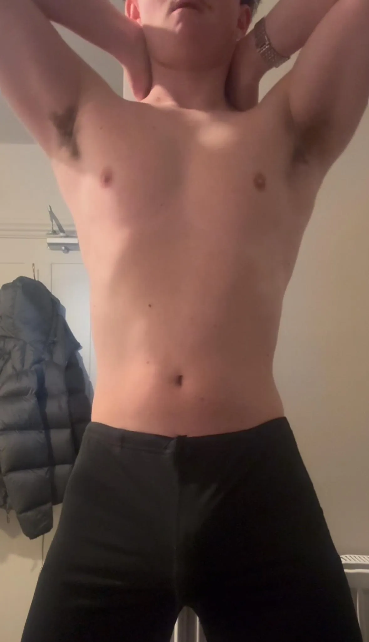 Showing off my sweaty pits. If only you could smell my musk rn