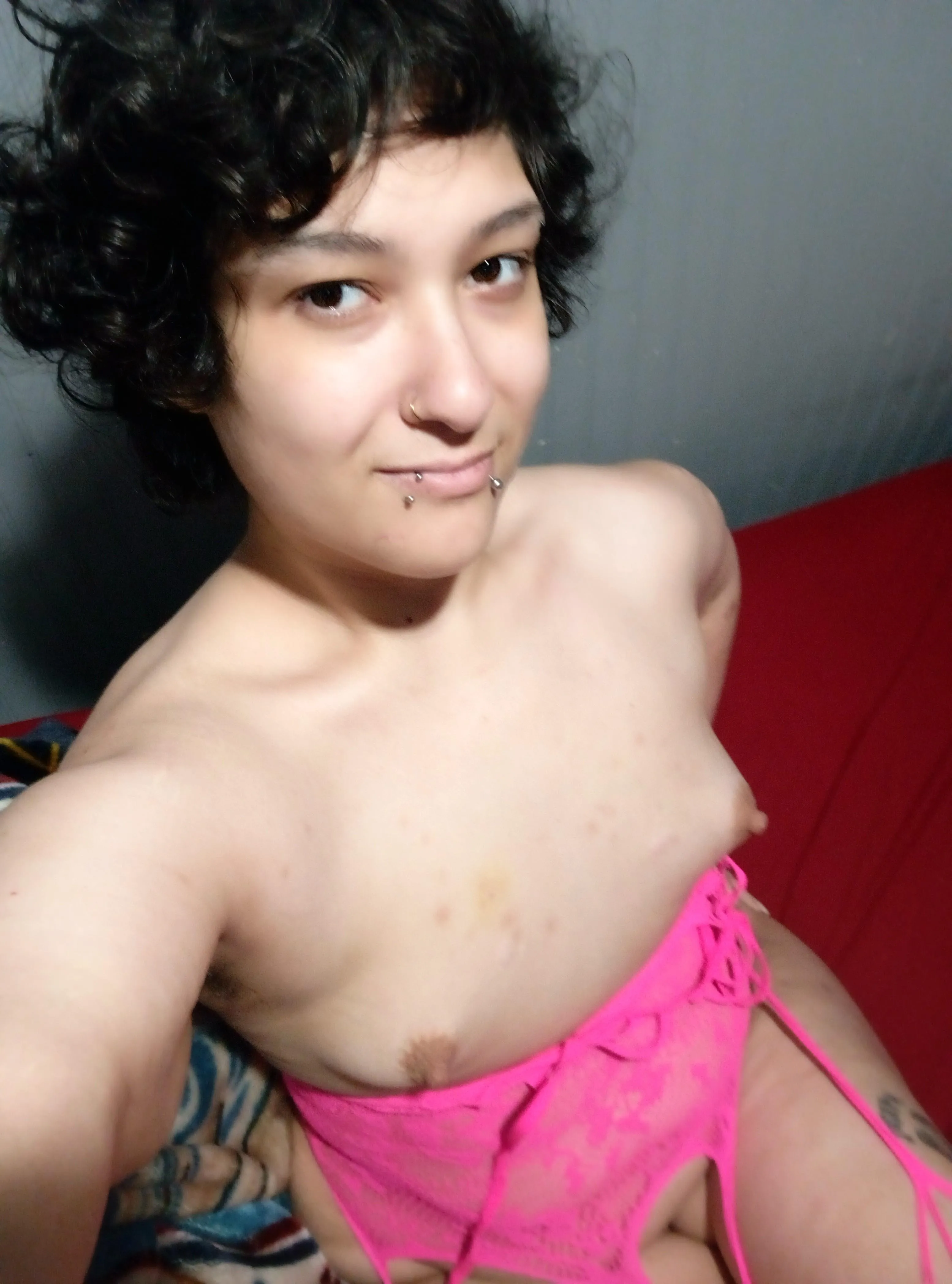 Taking my lingerie off to show some bare tubies and puffy nips for you :p