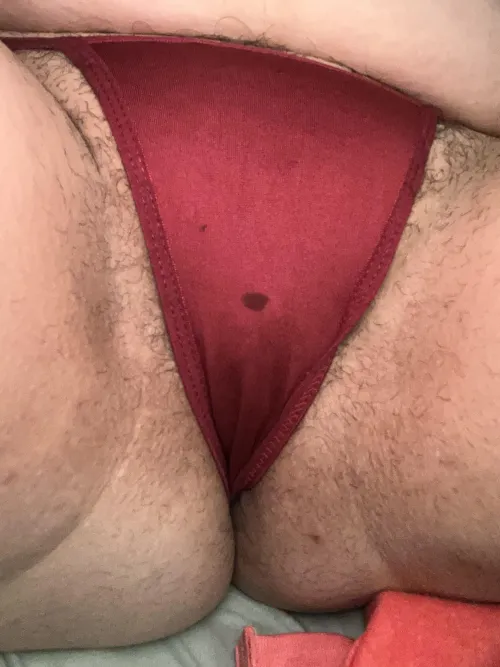 Hairy MILF Red Micro Thong! Sorry for the little wet mark!💦😻
