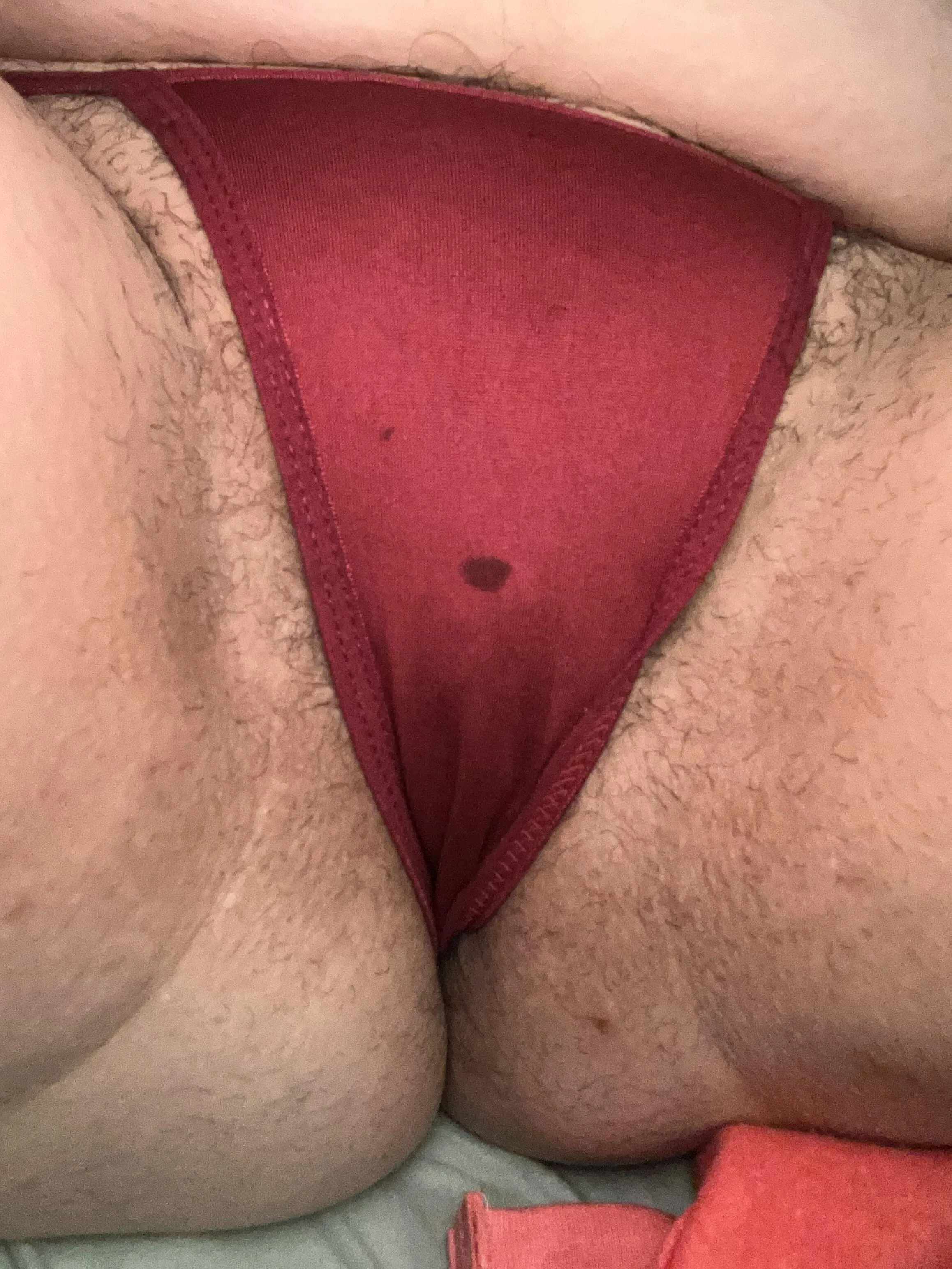 Hairy MILF Red Micro Thong! Sorry for the little wet mark!💦😻