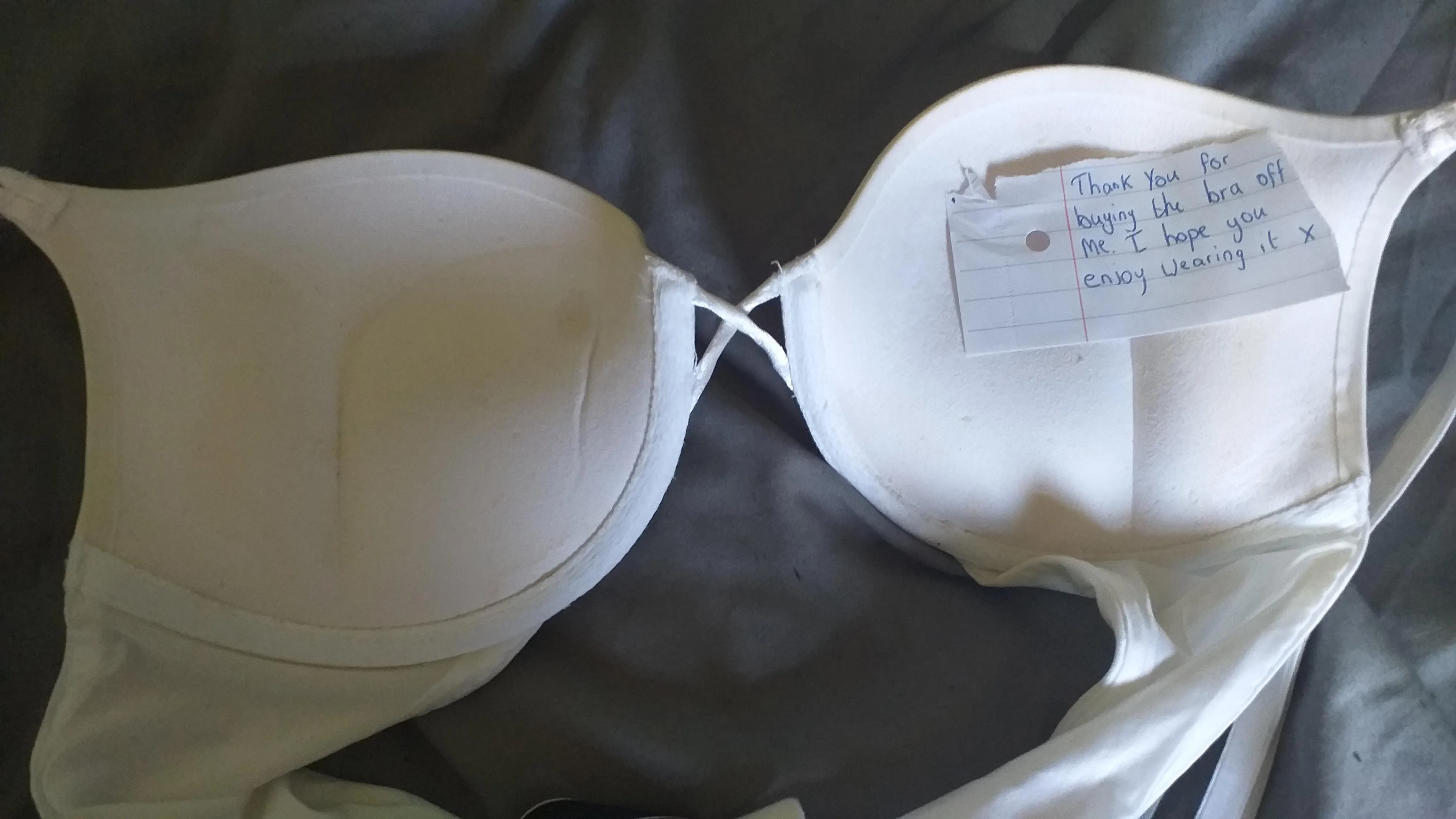 The bra is ready to be sent off full of cum. I cant wait to see what the women's reaction would be. I even put a note in for her 😉