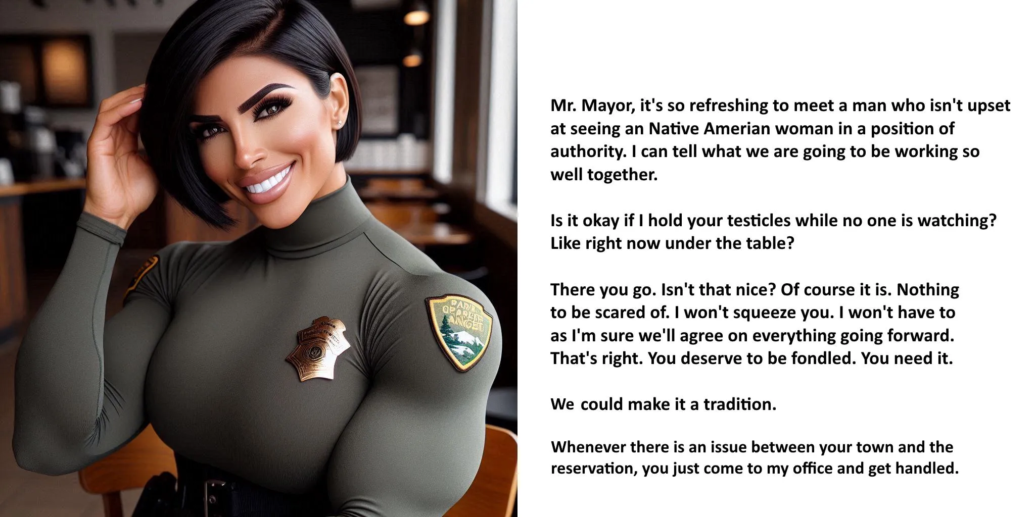 Meeting the Mayor [Native American] [police woman] [muscle woman] [soft dom] [ obligatory find me imagefap under the name Idontknowwhatimagefabisnordoicare]