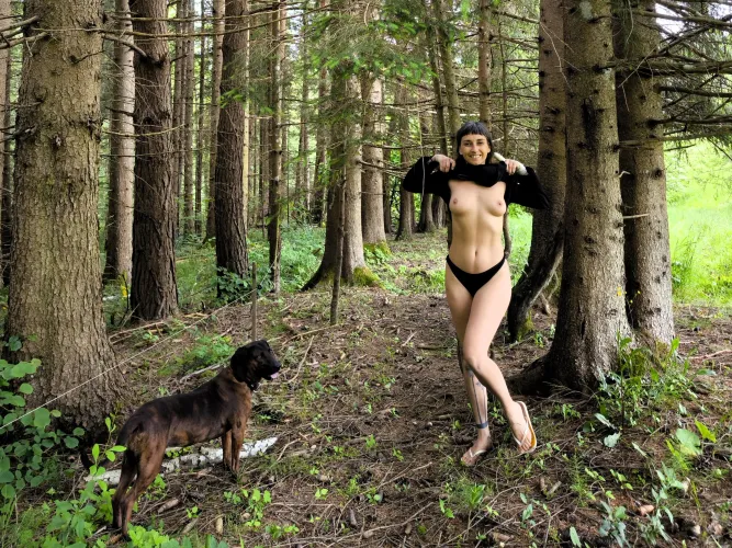 Dog sitting and flashing titties, hope she won't tell her owner :D