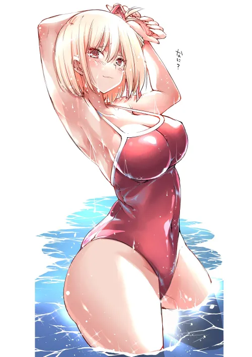 Chisato Stretching In Her Swimsuit [Lycoris Recoil]