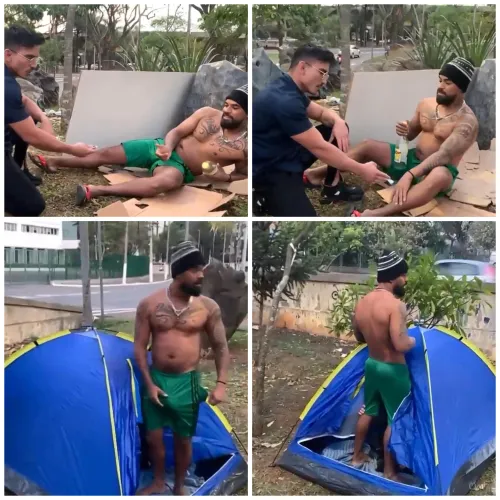 Helping homeless person in buying and fixing a tent. Humanity exists.