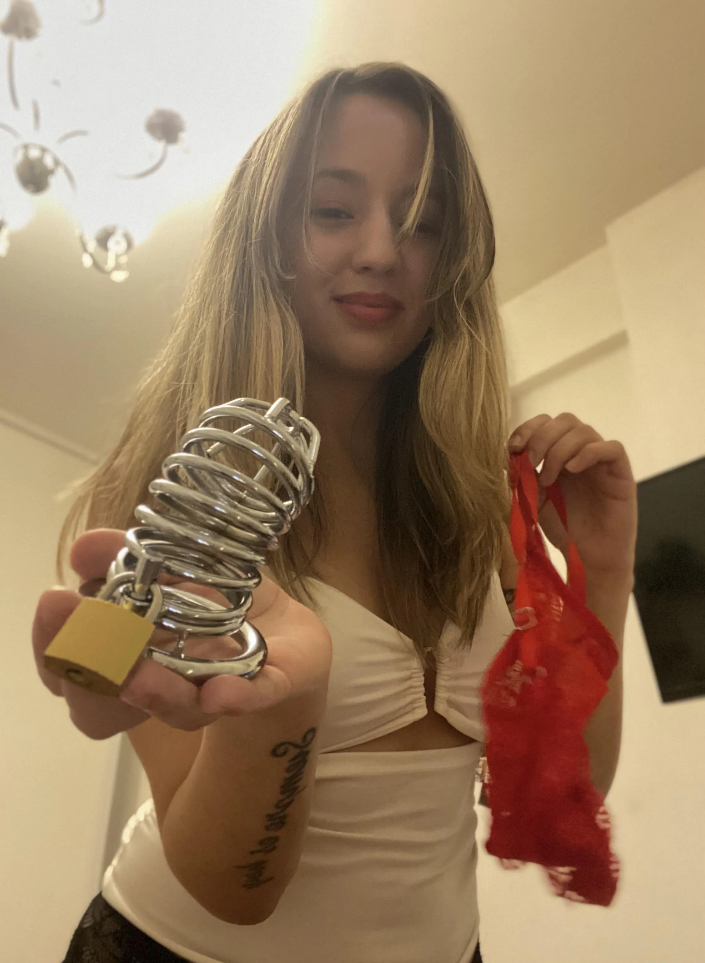 Tiny clits get caged. And sissies wear women’s panties to please their Queen 🙋🏼‍♀️😌