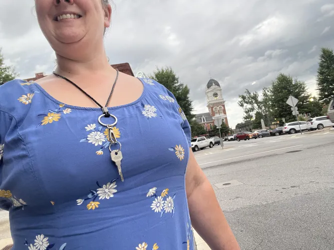 Out for a stroll husband out with friends for dinner little do they know he is all locked up ;)