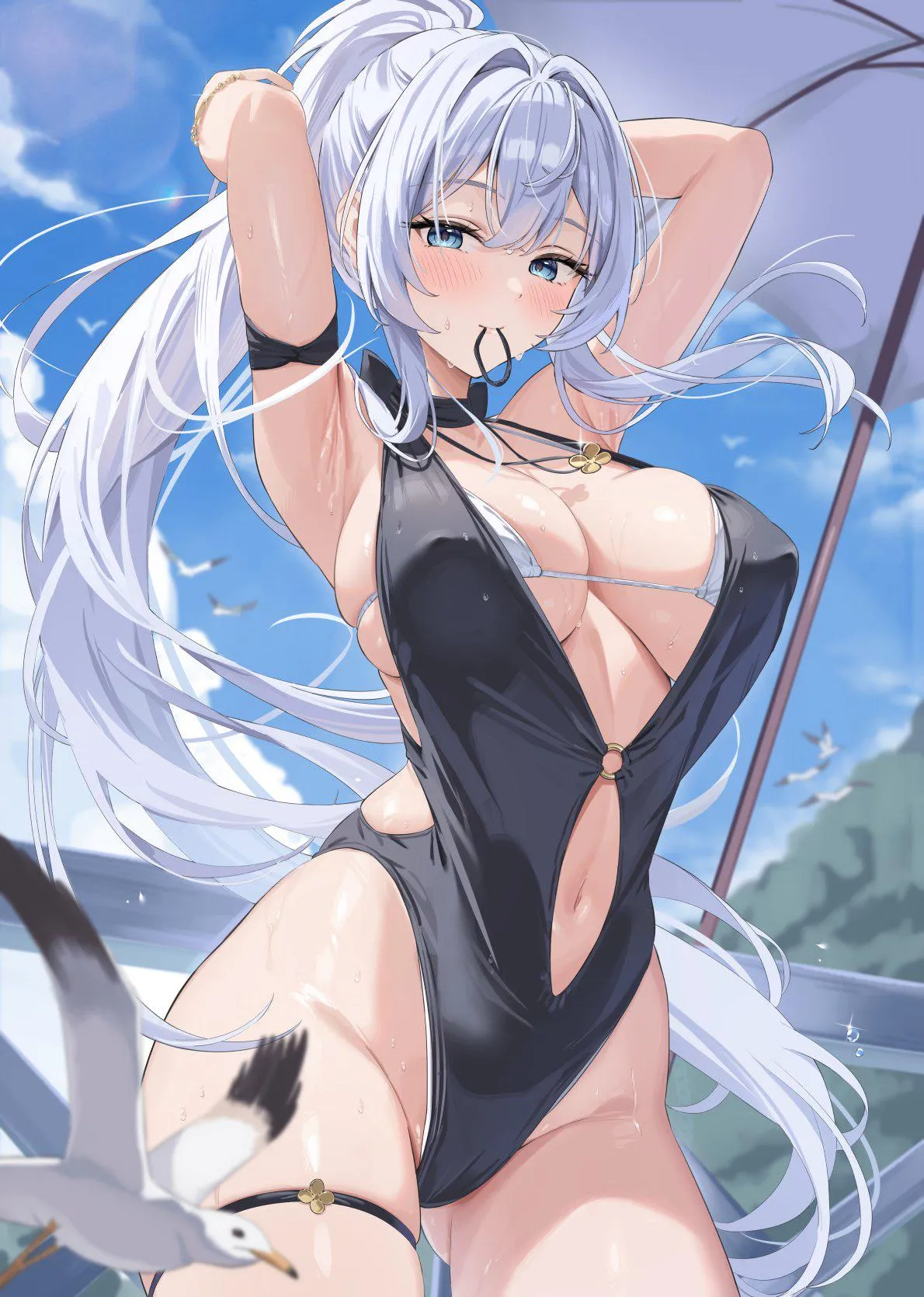 Tying her hair into a ponytail (satoumogumogu) [Original]