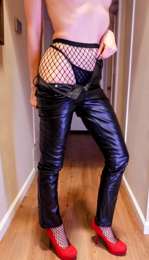 Fishnets under my leather pants