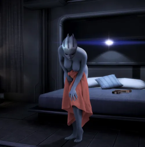 Liara just came from the shower. Why the gun you ask! Bedbugs. (Rastifan)