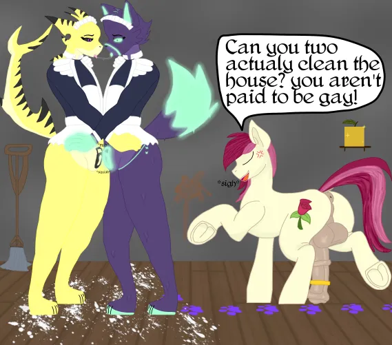 Roseluck stallion hed gootraxian maids come over to clean. But they don't feel like cleaning. (OC)