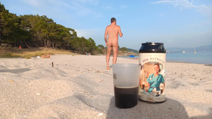 Stout at the beach, nudist beach.