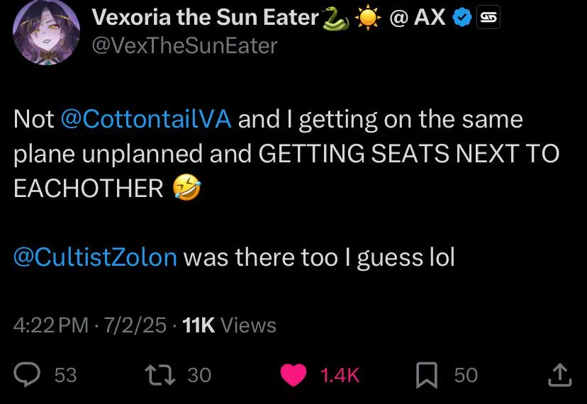 Cotton and Vex not ONLY stumbled into each other attending the same plane to Anime Expo together, they also were assigned in the same ROW together! (With Zolon 😆💜)