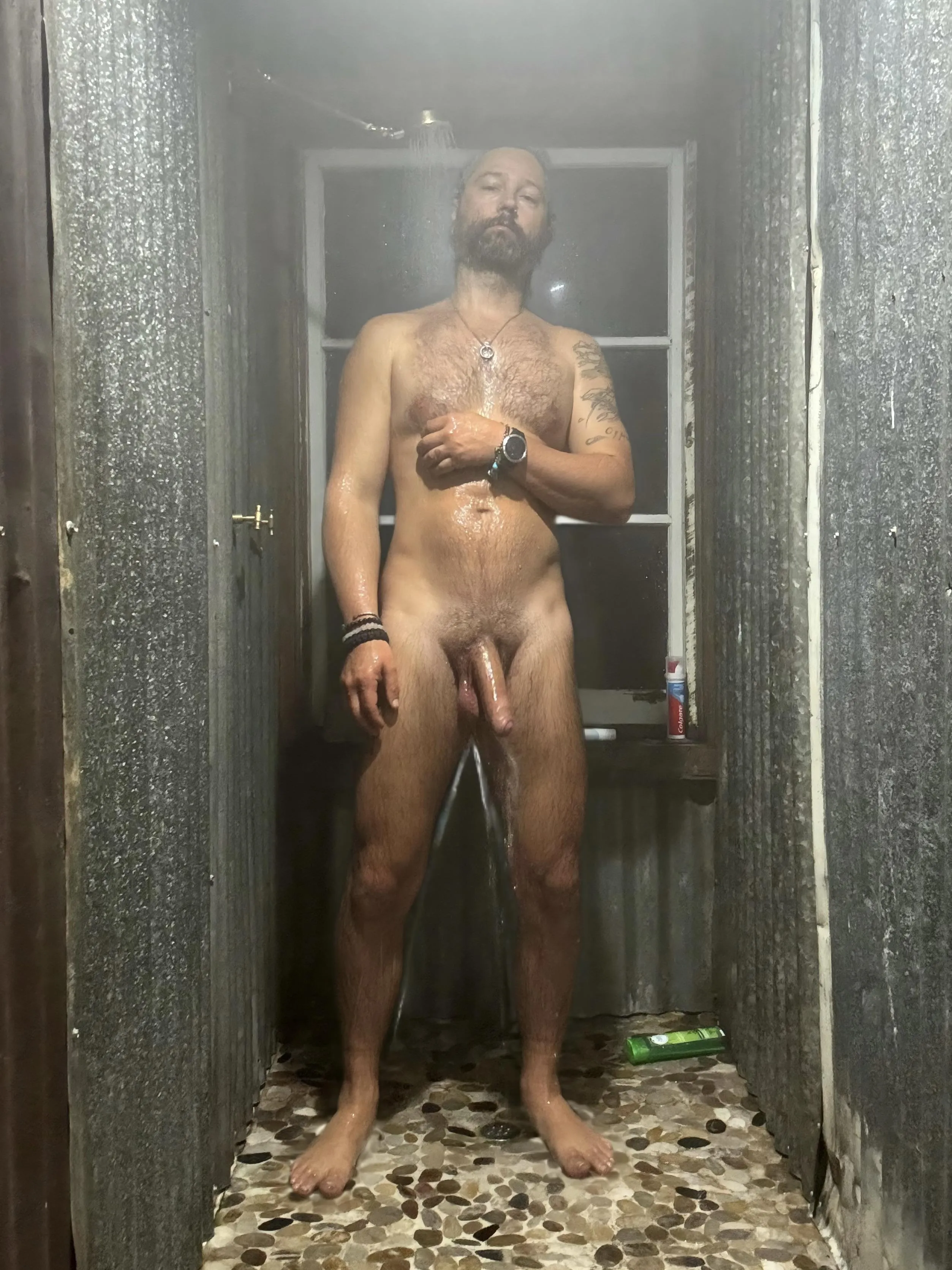 Hot farm shower after harvesting all day; care to rub me down?