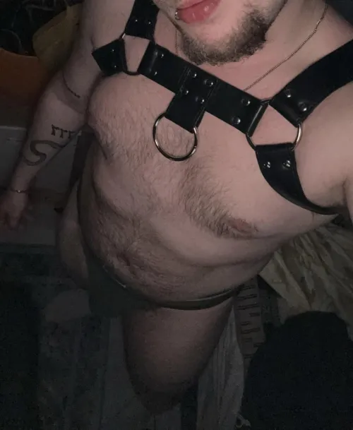 just got a harness for the first time, paired with a jock and white socks 😋