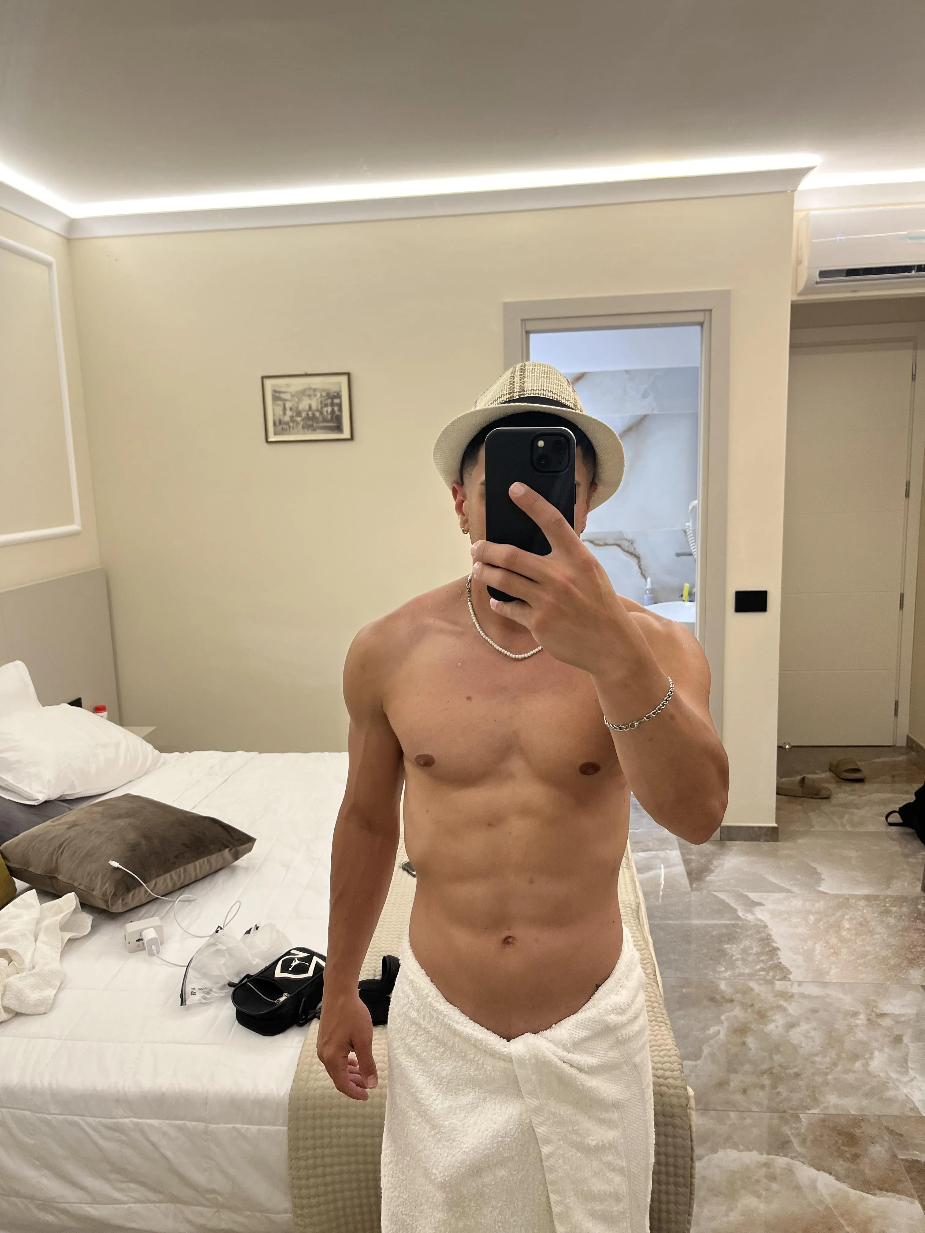 Start by licking my nipples and then slowly remove the towel so you can see how hard you made me