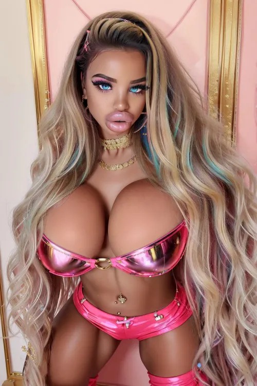 Chocolate bimbo in pink dessous: a sensual feast for the eyes.