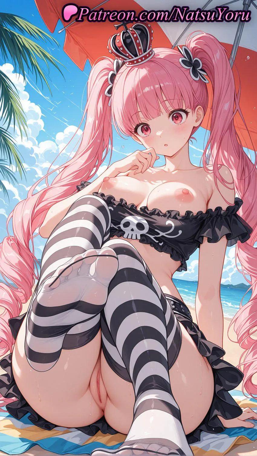 Perona's breasts and pussy exposed at the beach