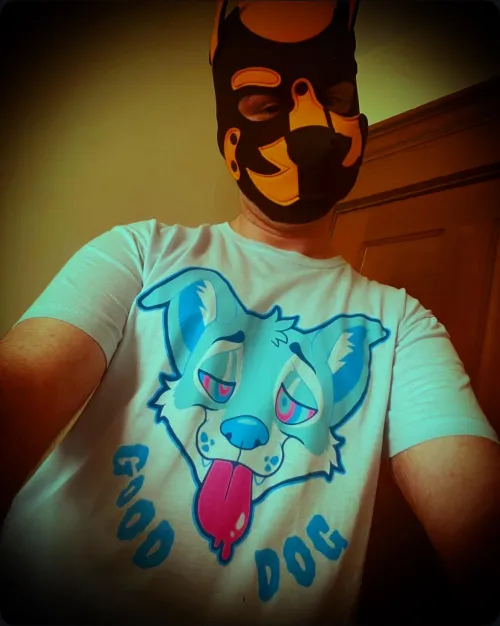 Look at my shirt puppy…such a good dog…you want to look like that for me don’t you…such a good dog…tongue out and spirals for eyes…such a good dog…
