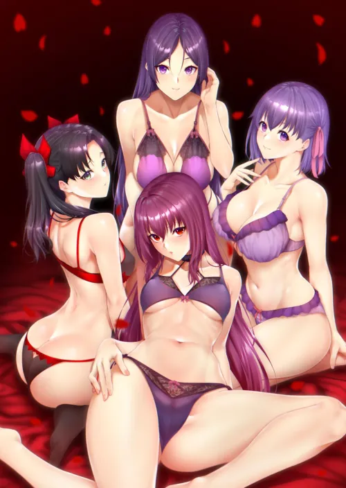 Matou Sakura, Minamoto no Raikou, Scathach and Tohsaka Rin (Zucchini) [Fate Grand Order]