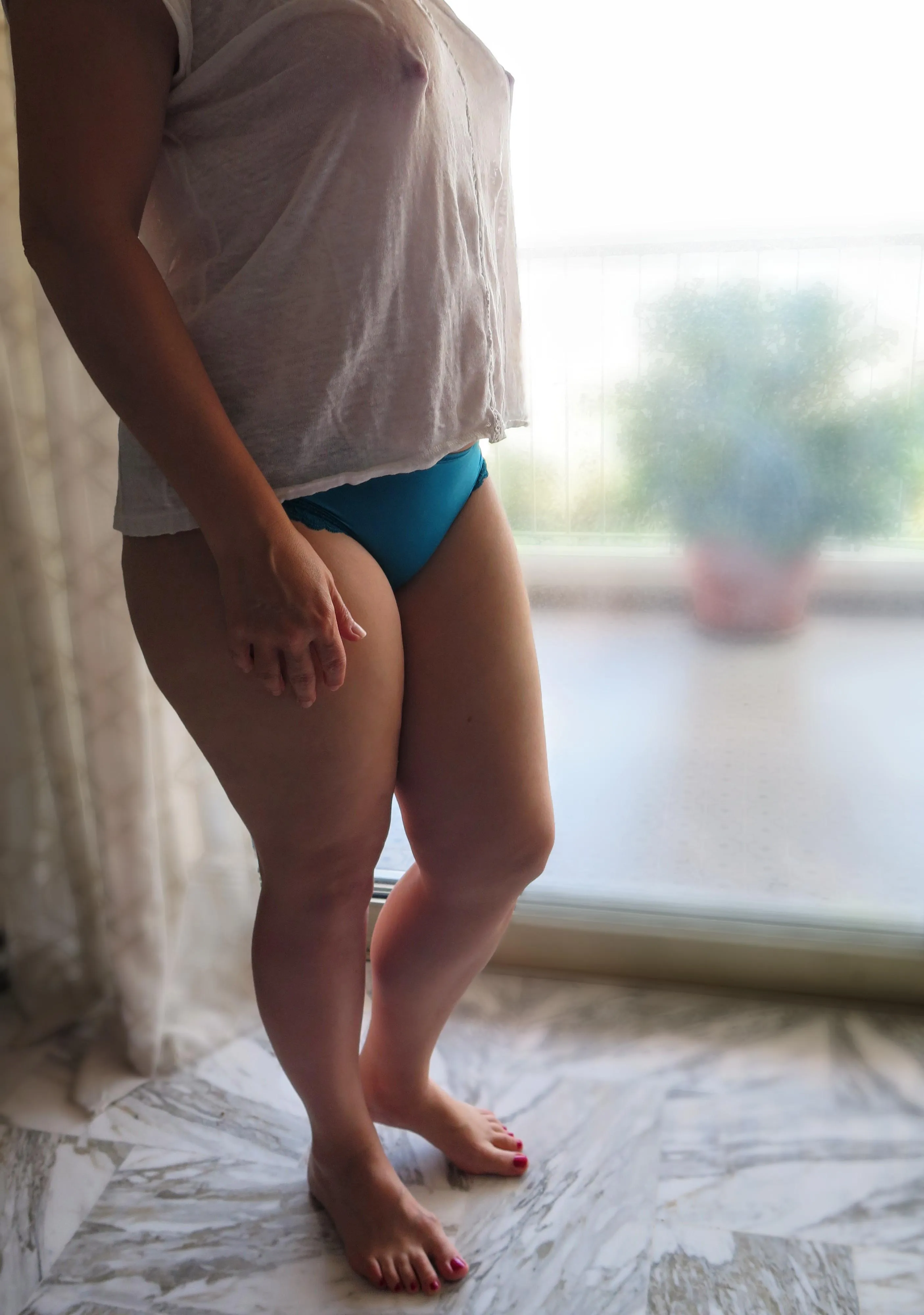 Some days, you just gotta let the t-shirt do the talking. And the nipples. And the panties. And the window...