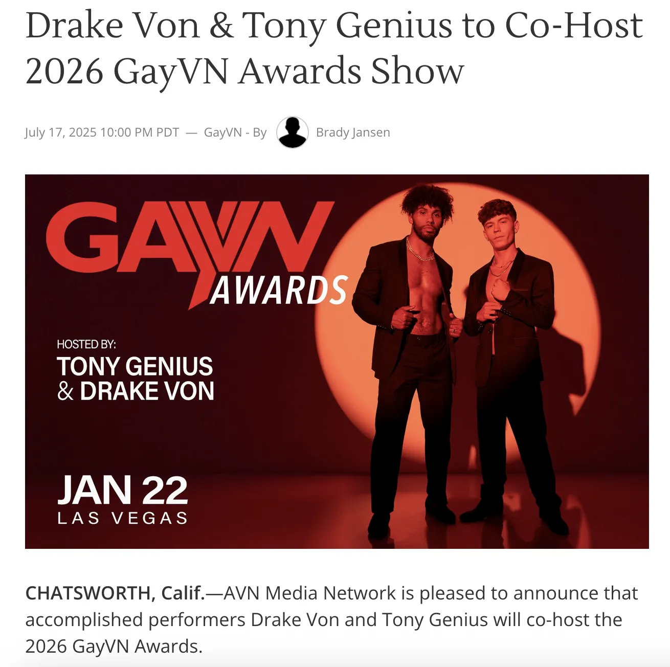 Drake Von & Tony Genius to Co-Host 2026 GayVN Awards Show