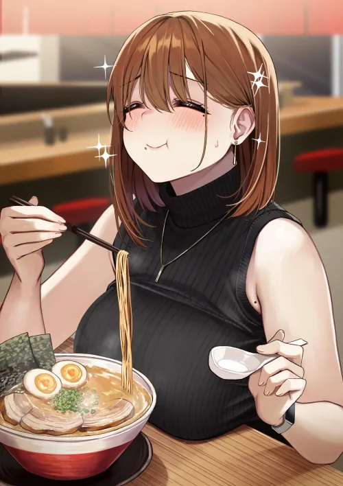 An office lady eating ramen after work [original]