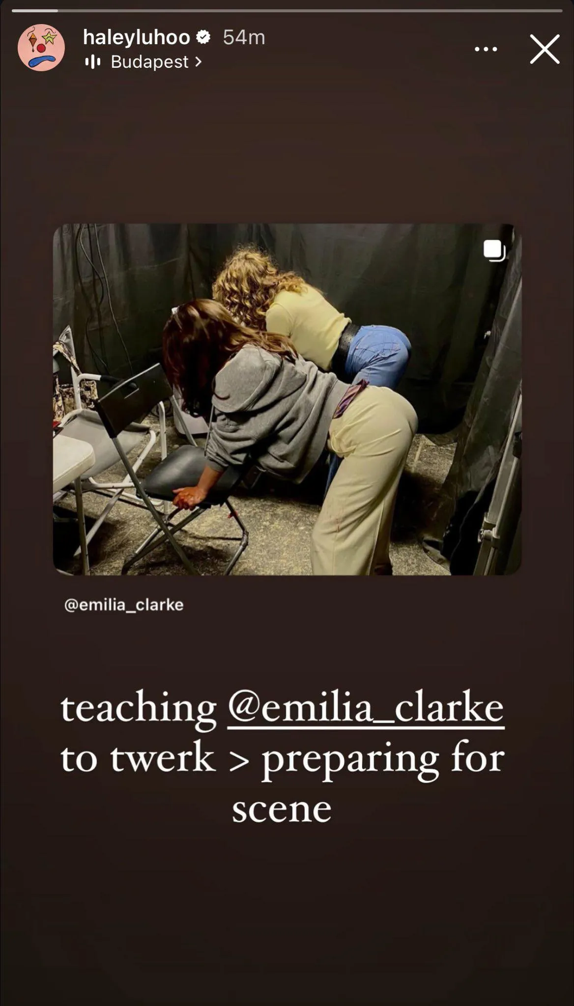 Emilia Clarke being taught how to twerk by her co-star for her upcoming project